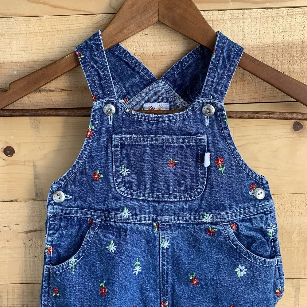 Vintage Carters 2T Daisy Bib Overalls Denim Floral Jean‎ 90's